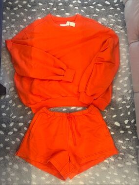 Women’s Aerie Orange Two-Piece Set - Cozy Sweatshirt & Shorts